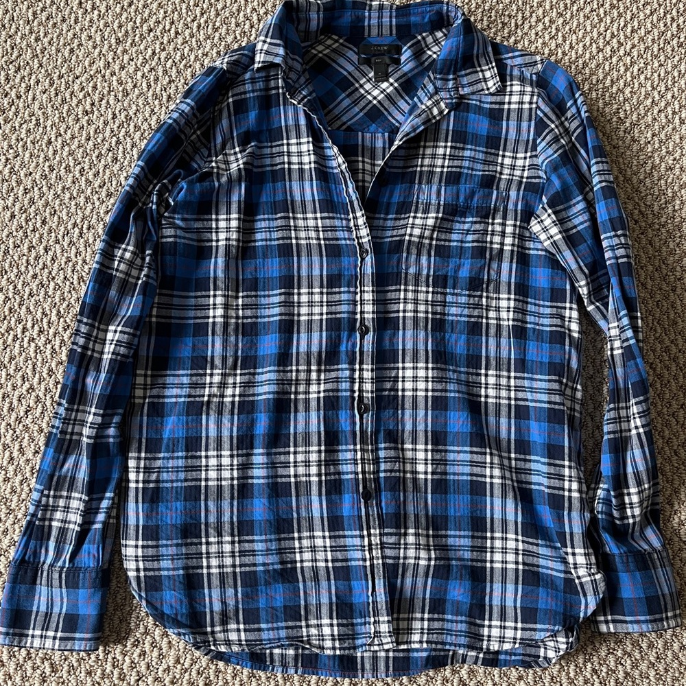 J. Crew Navy and White Plaid Shirt Size 4
